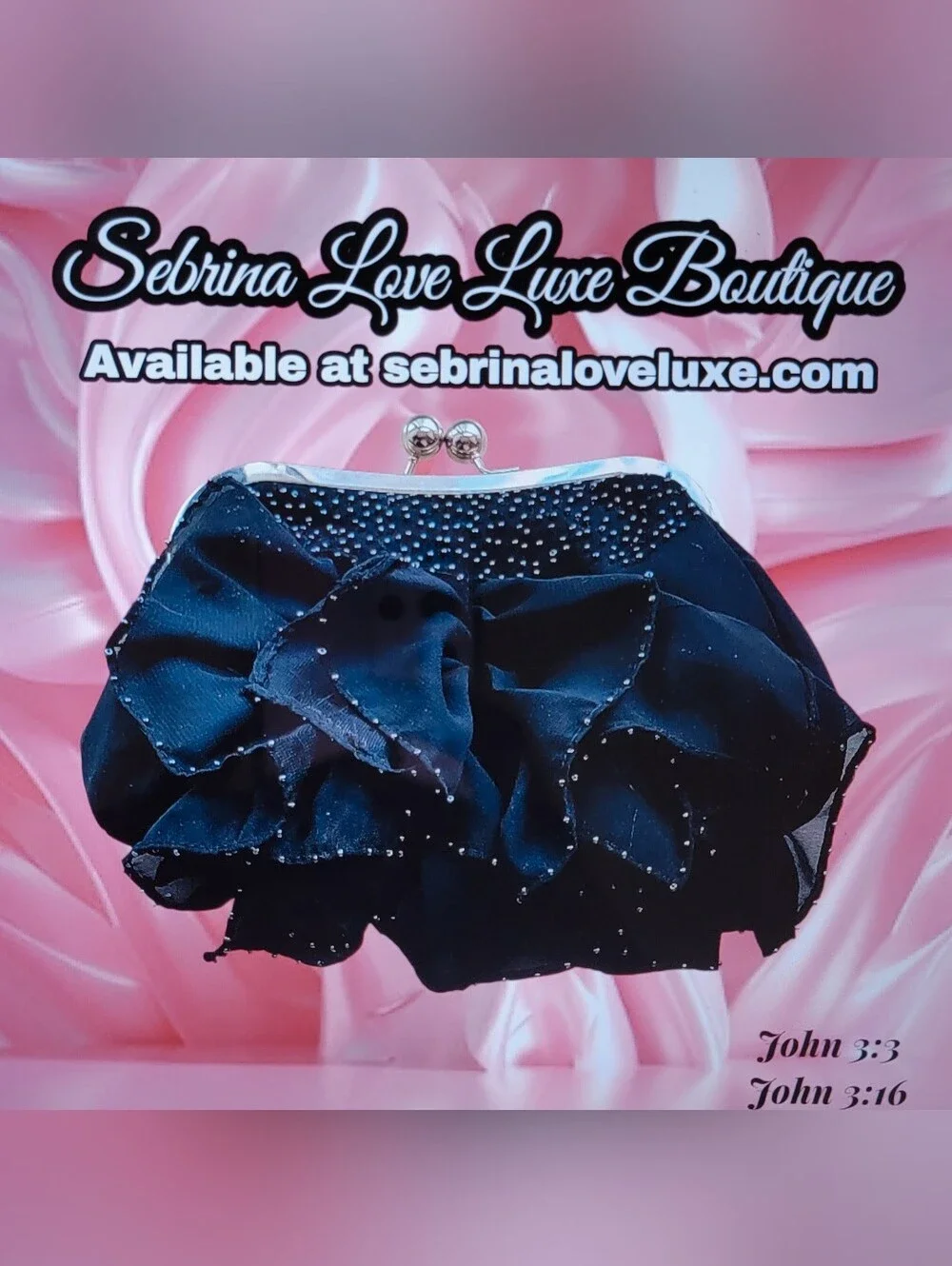 Black Beaded Chiffon Ruffled Evening Clutch Purse